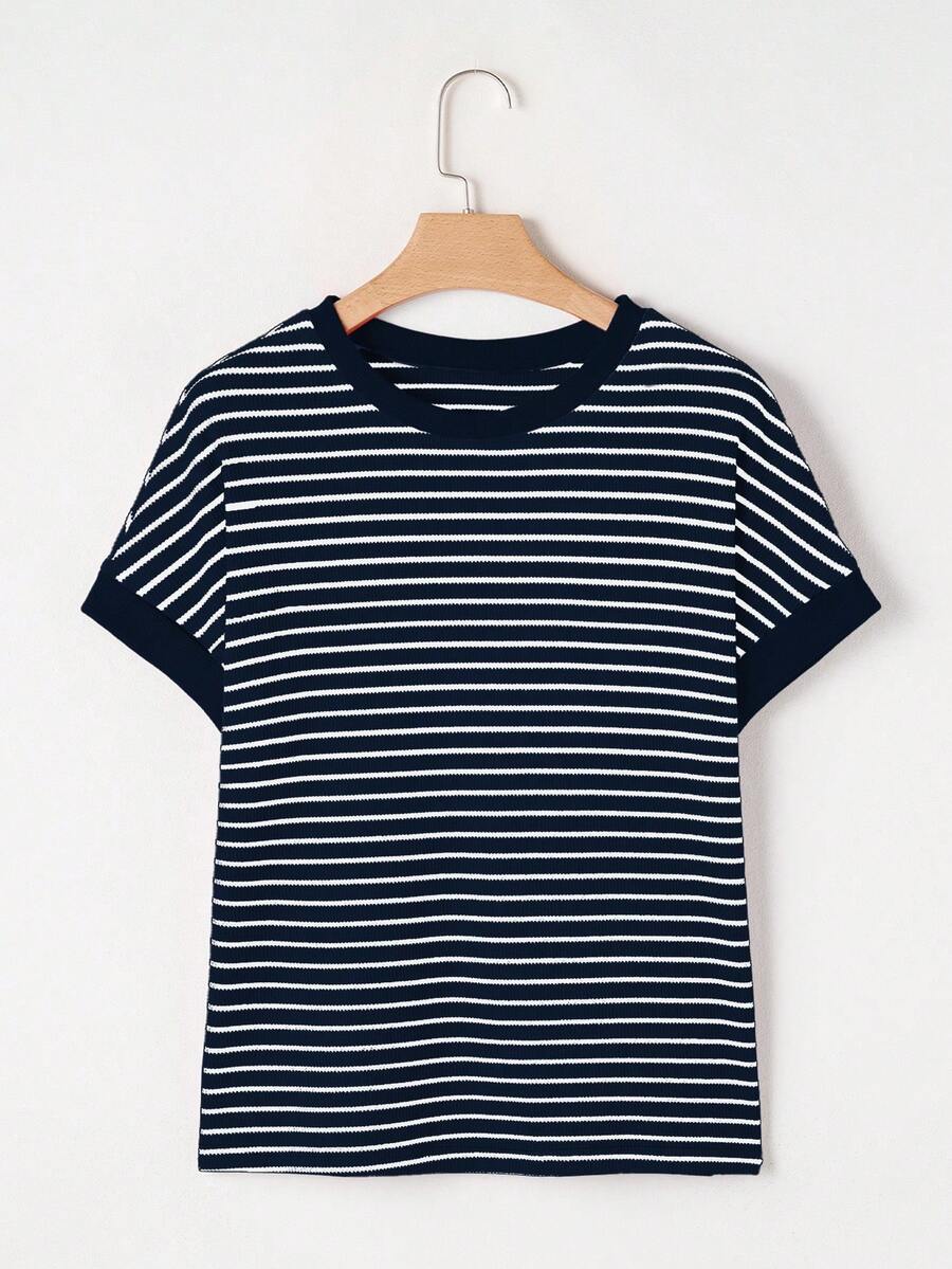 Acelitt Striped Contrast Color Shoulder Short Sleeve Knit Casual Round Neck T-Shirt, Summer - Navy Blue - View 1