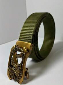 1pc New Men's Vintage Dragon Head Carved Automatic Buckle Leather Belt, Sliding Convenient Adjustment, Slim Fit, Black