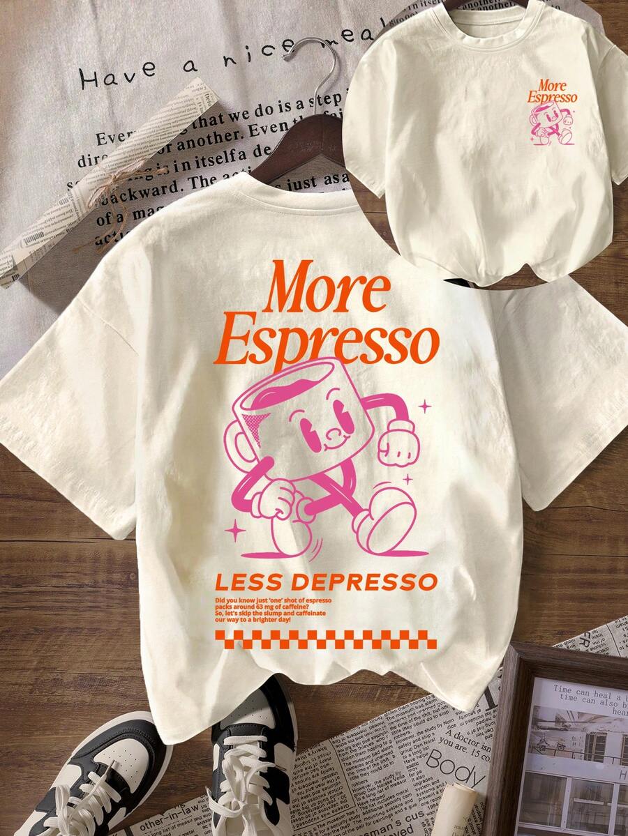 女士 More Espresso Coffee Club 图案休闲圆领短袖 T 恤 - 杏色 - 查看 1