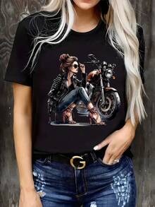Camiseta de manga corta para damas con estampado de patrones, top de cuello redondo suelto y casual, se puede lavar aáquina para comodidad durante las cuatro estaciones. - Negro - Ver 2
