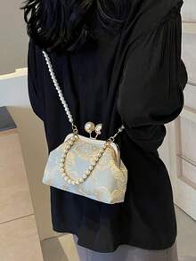 新款中国风刺绣手提包女2024夏季新款时尚手提珍珠手拿包斜挎包 - 淺藍色 - 查看 5