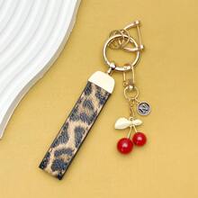 TTOBS 1pc Exquisitely Crafted Leopard Print Leather Car Key Chain With Adorable Cherry Pendant - , Fashionable And Multi-Functional Backpack Keychain - The Perfect Accessory For Backpacks. The Perfect Valentine's Day Gift, Also An Ideal Gift For Your Beloved Girlfriend.