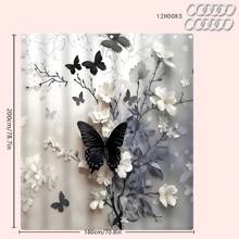 1/4 Stücke Schwarz-Weiß Schmetterling & Blumen Badezimmer Set, beinhaltet Duschvorhang, Badematte, U-förmiger Toilettendeckel, wasserdicht, moderner Stil, maschinenwaschbar, ohne Bohren erforderlich Badezimmer Dekoration, Herbstdekoration, Badezimmer Accessoires, Rückkehr zur Schule