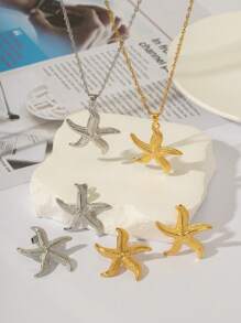 1 conjunto de 3 peças de colar e brincos da moda, corrente de aço inoxidável com pingente de estrela do mar, adequado para presente de joia diário feminino