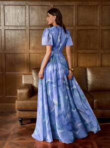 Faeriesty Printing Elegant Floral Chiffon Evening Gown With Short Sleeves, V-Neckline & A-Line Skirt – Ethereal Elegance For Black-Tie Dinners, Bridal Parties, Art Gallery Events, And Garden Parties