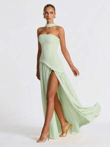 Elegante vestido de noche con abertura alta, sin tirantes y fluido, vestido de fiesta
