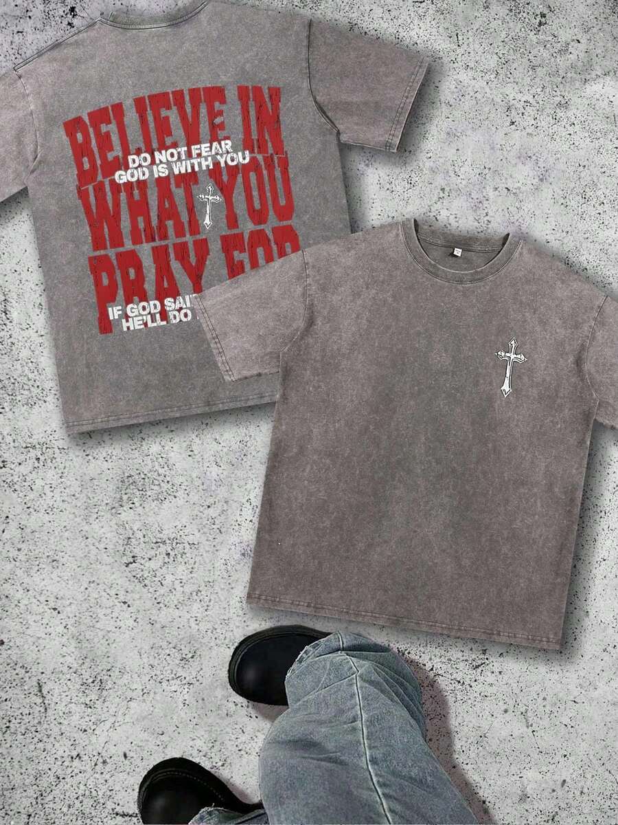 Men's Street Elements Retro Washed Cotton T-Shirt Top 100% Cotton Heavy 240g Loose And Soft, With Good Fashion, Suitable For Spring And Summer Wear. - Grey - View 1