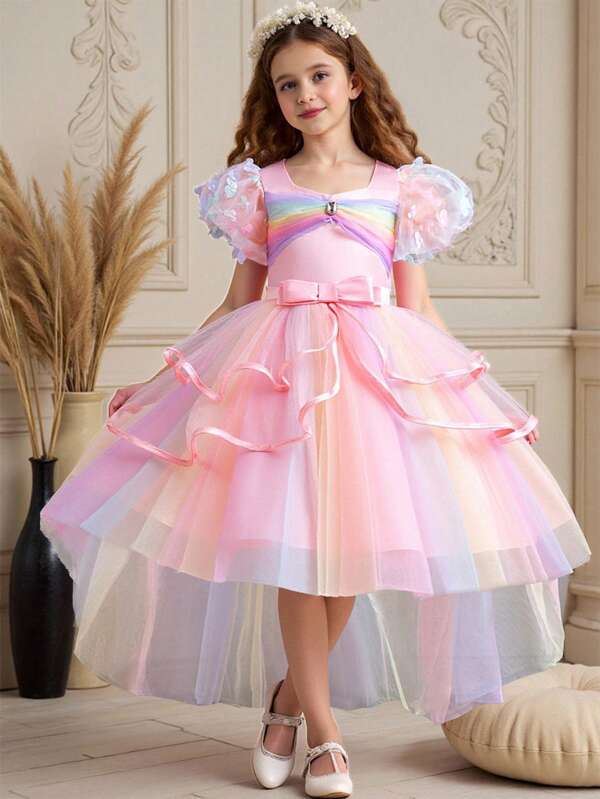 Tween Girls Colorful Tulle Tail Pageant/Cosplay Maxi Dress