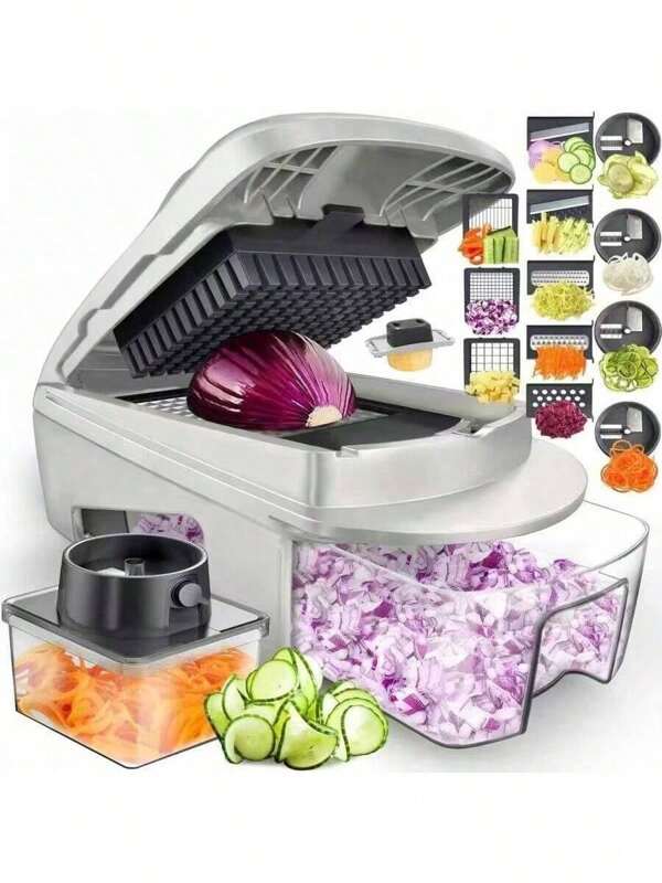 1 Picadora de cebollas, máquina de cortar multifuncional, herramienta de procesamiento de ingredientes, picadora de cebollas con cesta de drenaje, picadora de zanahorias y ajos con contenedor, utensilios de cocina, accesorios de cocina, adecuada para el hogar/restaurante para un corte rápido