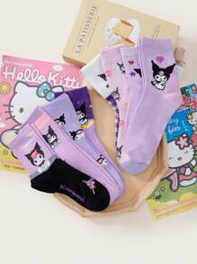 Sanrio 2/4/8 paires de chaussettes mi-mollet mixtes à motifs de dessins animés Sanrio Kuromi, confortables et respirantes, convenant pour le style casual, Lolita, l'uniforme scolaire JK et le port quotidien
