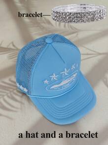 2 pièces Nouvelle mode 8 couleurs réglable Y2K Casquette de protection solaire en maille respirante avec broderie d'étoile à cinq branches, bracelet. Convient pour les hommes et les femmes, pour le printemps/automne, les voyages, les vacances à la plage et le port quotidien
