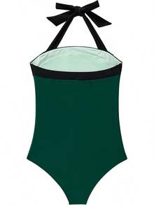 Women Sexy Tummy Control One Piece Swimsuit Halter Retro Bathing Suit - 68 Green Black - View 5