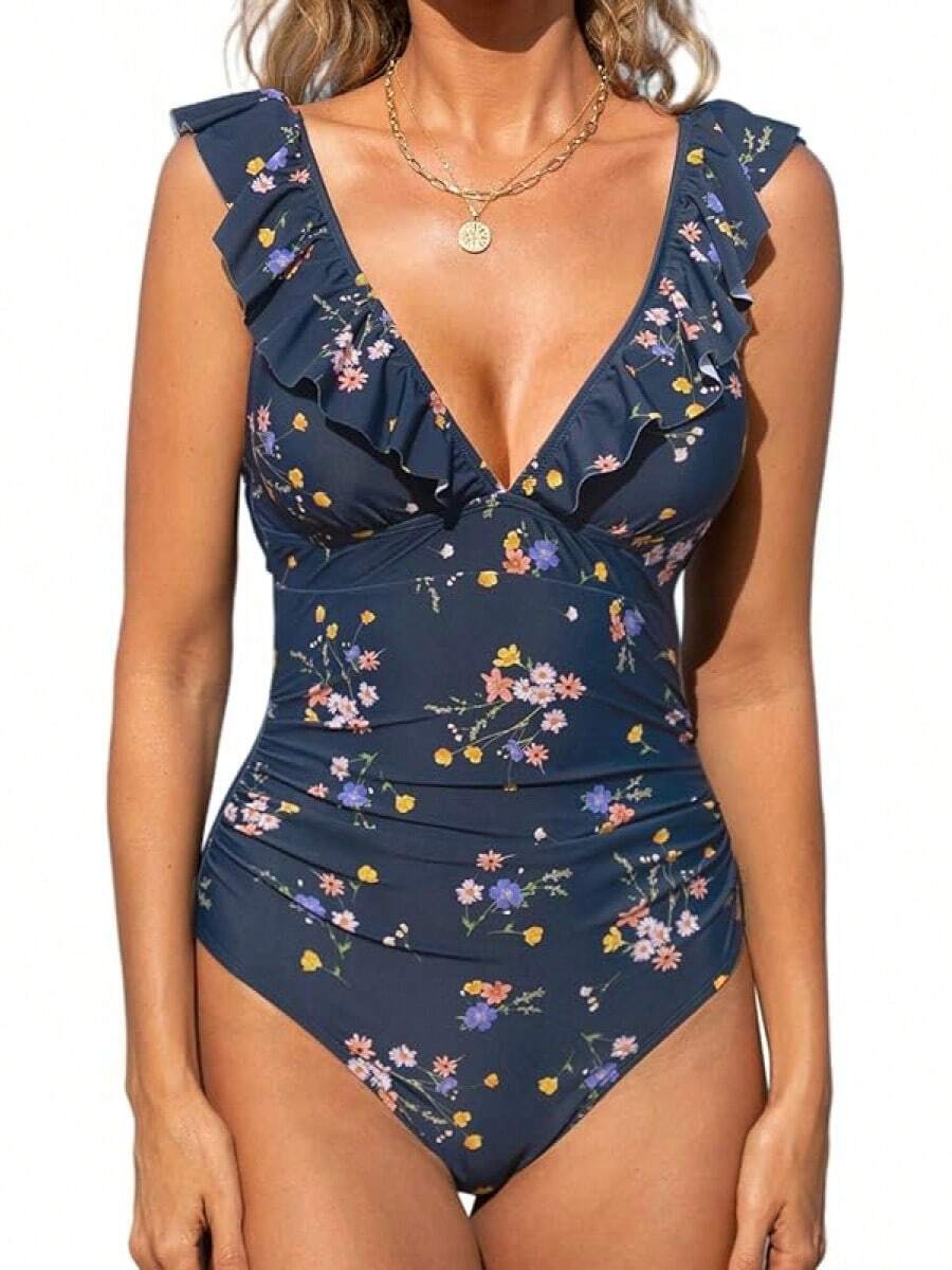 Women's Ruffled Swimsuit Lace Up - 牛仔藍碎花 - 查看 1