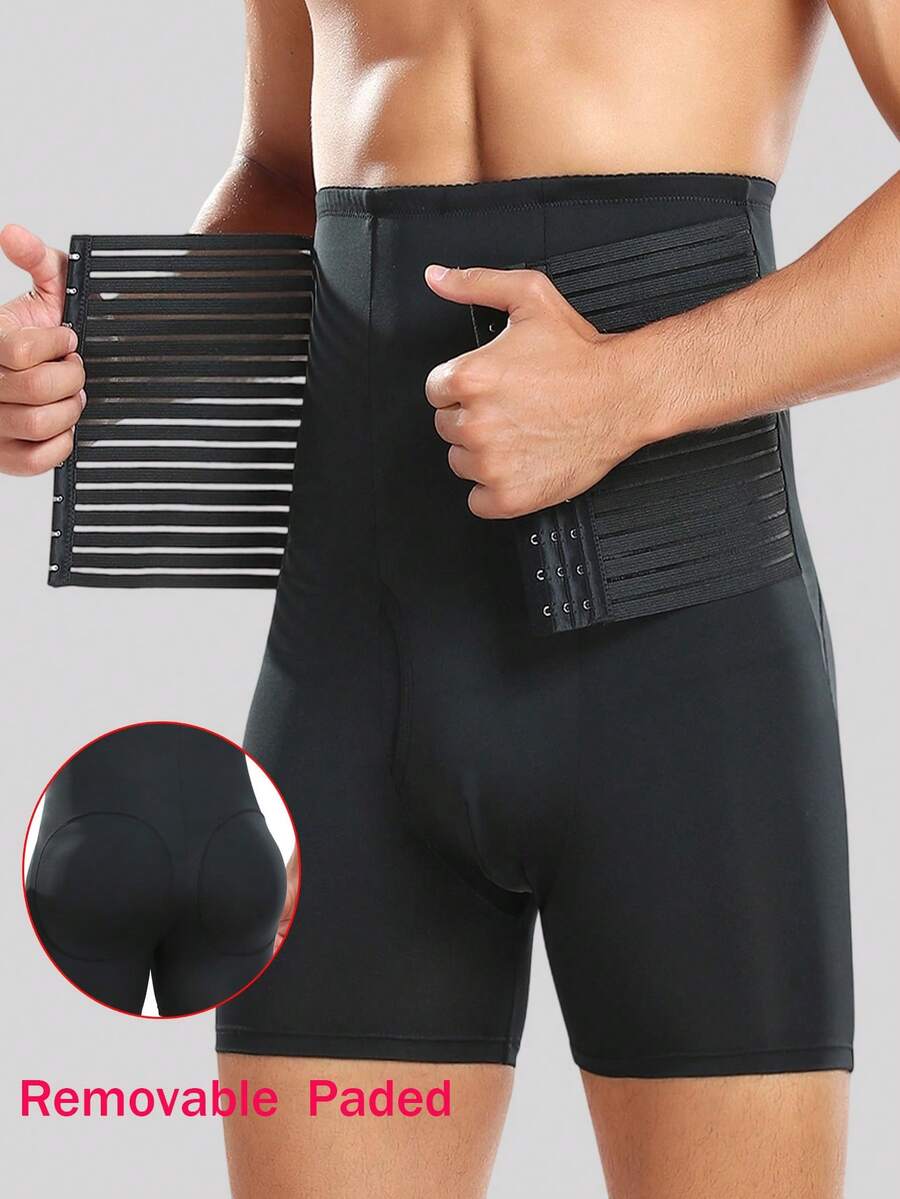 1PC Men Shapewear Tummy Control Removable Paded Underwear Slimming Body Shaper Leg Compression Shorts - Black - View 1