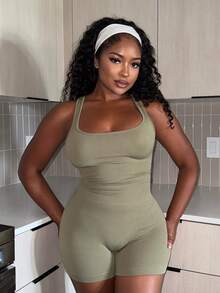 Alexandranx Women Plain Sleeveless Bodycon Unitard Romper - Olive Green - View 1