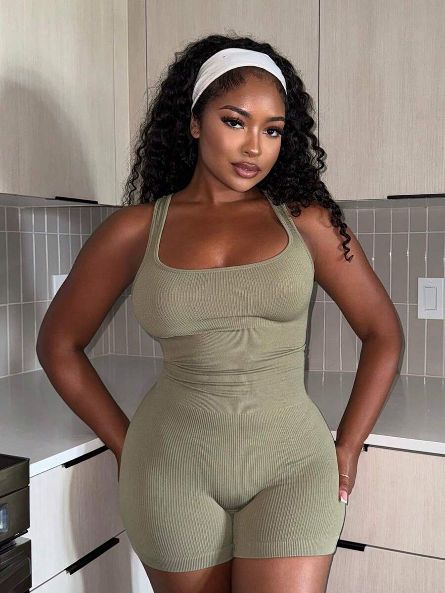 Alexandranx Women Plain Sleeveless Bodycon Unitard Romper - Olive Green - View 1