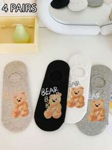 4 Pairs Of Women's Boat Socks, Doll Ragdoll Bears Cute Cartoon Wild Socks, Sweat-Absorbing And Breathable Non-Heel Invisible Socks, Suitable For You Who Travel In Spring And Summer