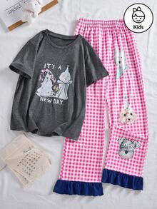 2 Sets Girls Cute Pajamas With Short Sleeve Gray Cartoon & English Text T-Shirts And Pink & White Checkered Long Pants With Blue Trim, Elegant & Casual, Summer - Grey - View 2