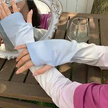 1Pc渐变色冰丝冰袖夏季防晒袖套女宽松手套防护袖套防紫外线手袖 - 彩色 - 查看 14