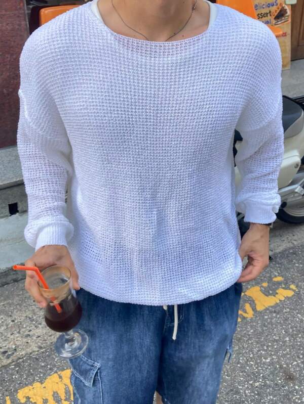 Manchic einfarbiger Pullover mit Ausschnitt und Dropped-Shoulder-Design, lässig, Strick, Sonnenschutz, halbtransparent, Homecoming, Streetwear