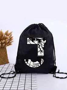 1pc A-Z Graffiti Letter Unisex Kids Outdoor Backpack, Drawstring Closure Bags, Large Capacity Sports Rucksack, Cute Cartoon Letter Print Sports Bag - Black - View 29