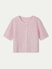 FOR BEAUTY 女士春夏新款短袖上衣，时尚休闲简约优雅，圆领粉色开衫，适合日常通勤和情人节穿着。 - 粉色 - 查看 1