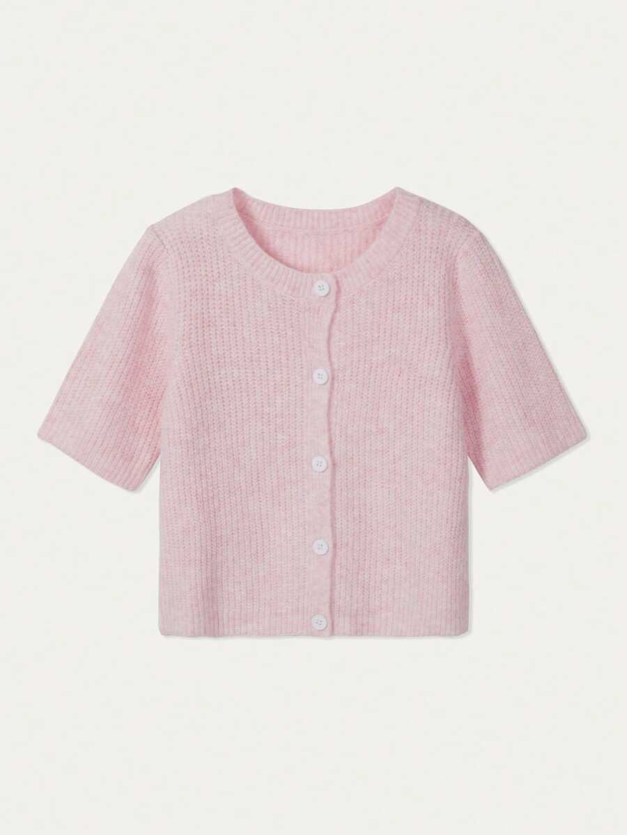 FOR BEAUTY 女士春夏新款短袖上衣，时尚休闲简约优雅，圆领粉色开衫，适合日常通勤和情人节穿着。 - 粉色 - 查看 1