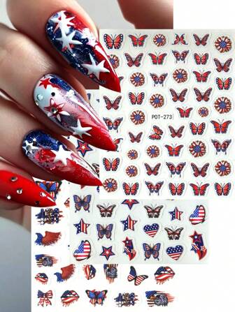 3pcs Independence Day Patriotic Nail Art Stickers, Featuring Red, White, And Blue Stripes, Bows, Stars, Eagles, Butterflies & Flowers, Letter Patterns, Ideal For Independence Day Theme, Glossy Finish, Asymmetrical Shapes, Odorless, Perfect Gift For Women's Festive Party