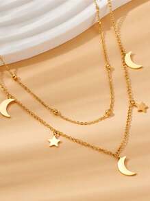 1pc Women Fashion Necklace With Star & Moon Pendant, Double Layer Simple Geometric Beaded Choker Necklace