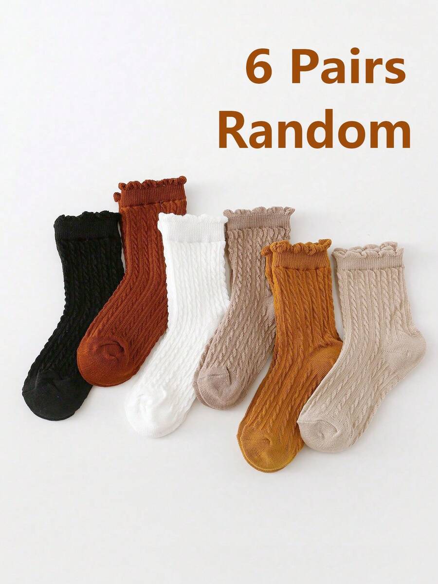 6 Pairs Kids Cable Knit Crew Socks, Versatile For All Seasons - Multicolor - View 1