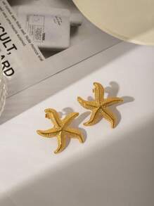 1 conjunto de 3 peças de colar e brincos da moda, corrente de aço inoxidável com pingente de estrela do mar, adequado para presente de joia diário feminino