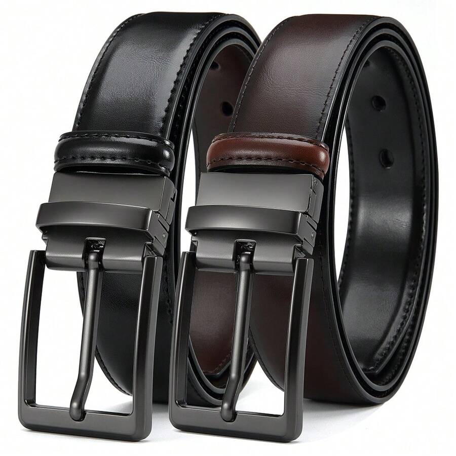 YOORAN Men's Swivel Pin Buckle Double-Sided Leather Belt 1 3/8" Dress Pants - 2 Styles In One Belt - 黑色/棕色 - 查看 1