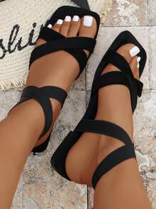 Women Sandals Ankle Strap Flat Sandals Mule Beige Sandals Flat Summer Shoes Elegant Suede-Like Casual Slides - Black - View 5