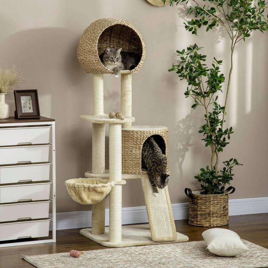 Kratzbaum katze Mit Katzenhaus aus Rattan, mehrere Plattformen, Hängematte & Rampe, Kippschutz, Plüsch, Beige, 60 x 60 x 150 cm - Beige - Übersicht 1
