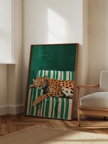 1 pieza Póster de lienzo con marco de madera, arte de pared imprimible, pintura minimalista de un leopardo tomando café, decoración de café de dopamina, decoración de cocina colorida y de moda, póster de amanecer vívido - Multicolor - Ver 10