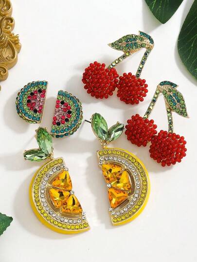 2 Pieces Fashion Elegance Cute Seed Beaded Rhinestone Rice Beaded Cherry Lemon Watermelon Fruit Drop Earrings For Women Spring Summer Daily Holiday Party Beach Wear