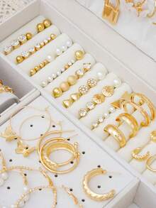 108pcs Style Simple Elegant Vintage Butterfly, Heart, Faux Pearl, Twist Knot, Lock,Rhinestone, Wide Band, Necklace, Ring, Bracelet Jewelry Set For Holiday, Party, Daily Wear - Vàng kim - 108 miếng - Xem 7