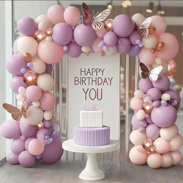 110pcs Pink & Purple Balloon Arch Kit, Dusty Rose, Purple, White, Metallic Rose Gold Latex Balloons For Bridal Shower, Baby Shower, Wedding, Anniversary, Engagement, Girl & Kid Birthday Party Decorations