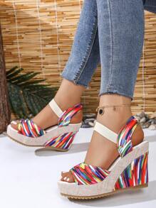 2024 New European Women Platform Wedge Sandals, Outdoor Versatile One-Strap Slides, Sexy Floral Print Beach Casual Slippers, Comfortable Open Toe Shoes, Green Floral Elevated Petite Shoes