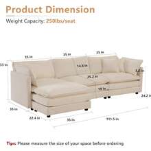 Modular Sectional Sofa, 111.5 Inch L Shaped Couch Set For Living Room, 3-Seater Comfy Cloud Couches With Movable Ottoman, DIY Combination, Chenille, Light Coffee - Light Coffee 3 Seat+1 Ottoman - 查看 2