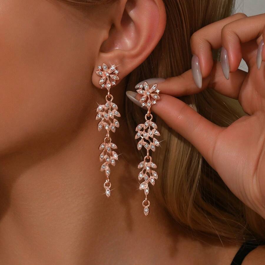 Elegante rosafarbene Ohrringe mit Blumenkriställen, geeignet für Hochzeiten, Geburtstagsfeiern, graziöse lange Hängeohrringe