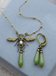 3pcs Dragonfly & Geometric Pendant Necklace Earrings Set, Vintage Style Classic Jewelry With Natural Stone, Zirconia, Pearl Decor For Women Party & Occasion