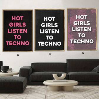 1pc/3pcs Set Modern Fashion Text Design Design Canvas Wall Arts Print,Hot Girls Listen To Techno Posters,Unique Gift Originality,Very Suitable For Room And Home Decoration,Living Room, Bathroom, Bedroom,Studio, Hallway,Office,Apartment Wall Decoration,NO Frame/Framed ﻿