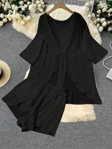 1 conjunto informal de 2 piezas de unicolor con nudo para mujer, ropa de playa y del hogar, primavera/verano - Negro - Ver 3
