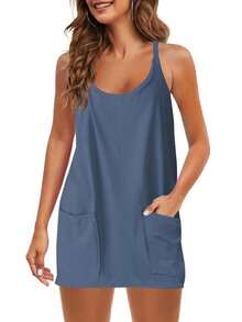 Womens Sleeveless Athletic Hot Shot Mini Dress With Built-In Shorts Sundress - 藏蓝色 - 查看 7