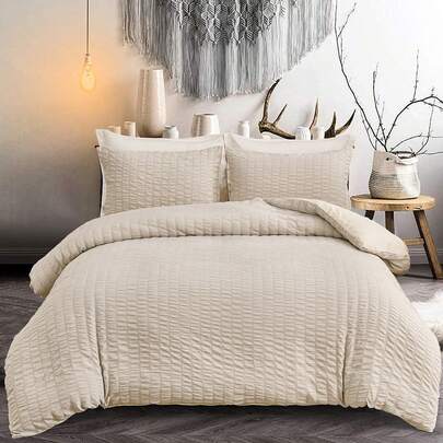 3 Pieces Beige Seersucker Duvet Cover Double King Size Puckering Seersucker Bedding Set,2 Pillowcases And Zipper Closure ,Soft Microfiber  For Teens Adults In Home Bed Room Decor, Wedding Items, Valentines Day Home Bed Room Decor, Mothers Day Gift, All Season