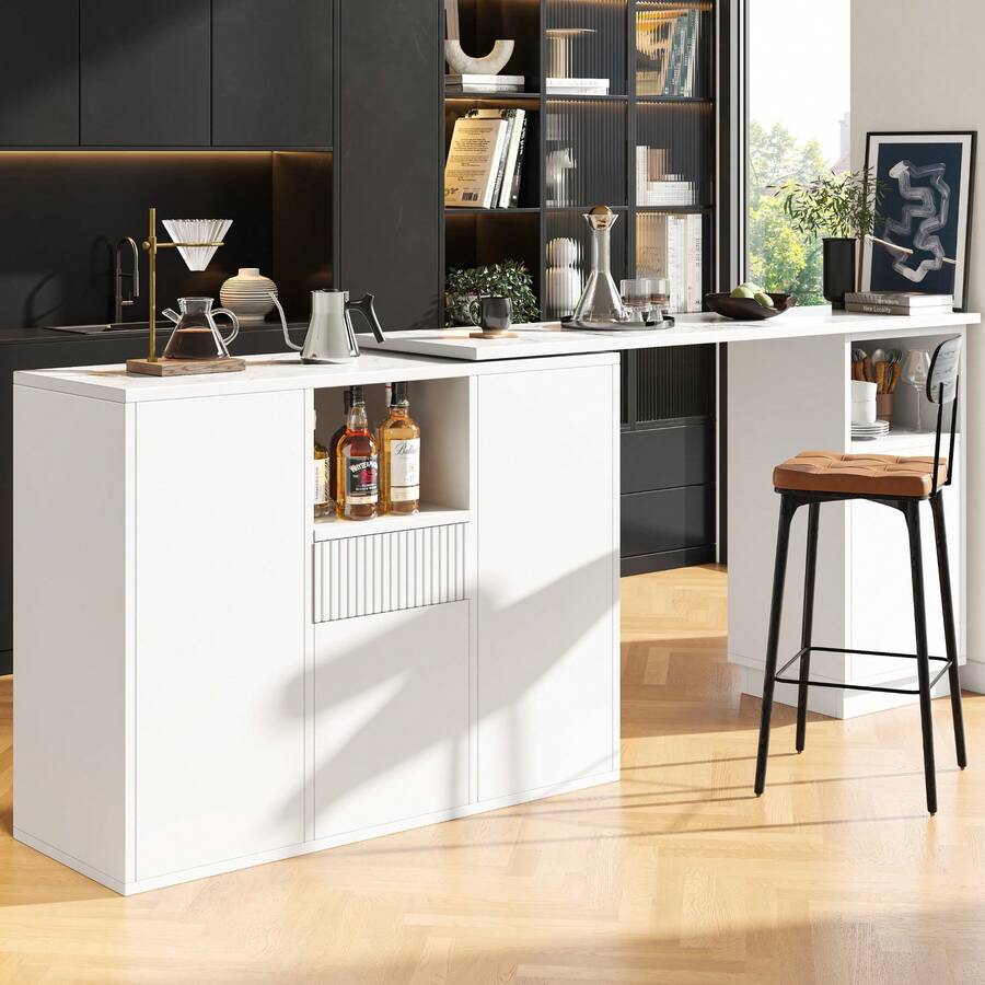 Flieks 360° Swivelling Bar Table, Breakfast Bar With Open Storage Space, Modern And Sleek Design, Innovative Kitchen Islands, Suitable For Dining Room, 198.5x30x75cm - White - View 1