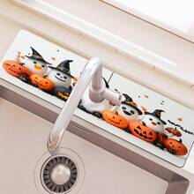 1pc Halloween Themed Faucet Mat - Ghost And Pumpkin Pattern, Absorbent Polyester Drain Mat, Suitable For Kitchen And Bathroom Sink, Waterproof Slip-Resistant Surface Protection