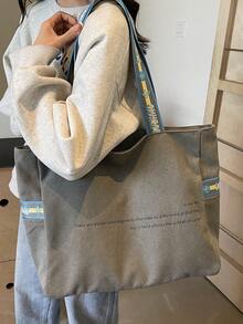 大容量字母印花休闲帆布托特包韩版简约百搭单肩腋下包 - 灰色 - 查看 3