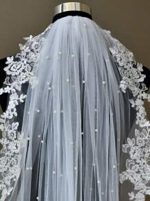 1 Piece Lace Trim Faux Pearl Short Bridal Veil, Suitable For Gifts, Women's Wedding, Registration, Party, Wedding Dress Accessories, Valentine's Day Hair Ornament With Hair Comb
